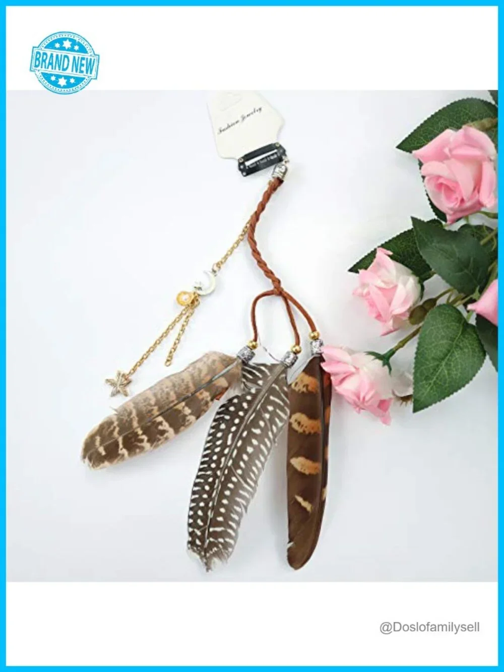 Bohemian Feather Hair Extension with Wooden Beads and Peacock Feathers,